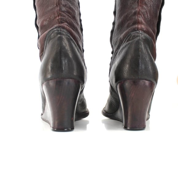 Calleen Cordero Knee High Boots 6.5 Black Brown Leather Brass Button Wedge Heel - Picture 10 of 15